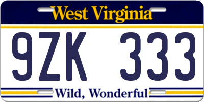 WV license plate 9ZK333