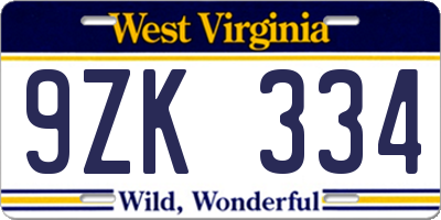 WV license plate 9ZK334