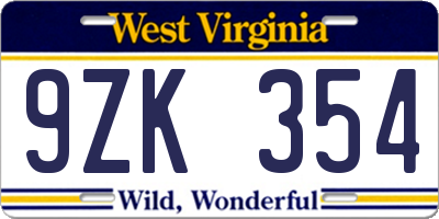 WV license plate 9ZK354