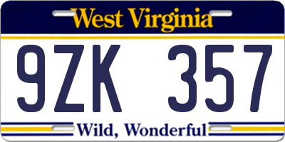 WV license plate 9ZK357