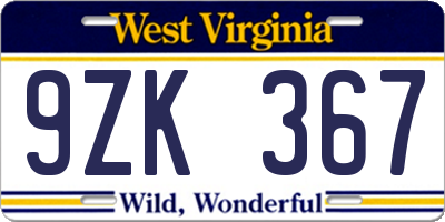 WV license plate 9ZK367