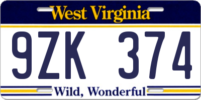 WV license plate 9ZK374