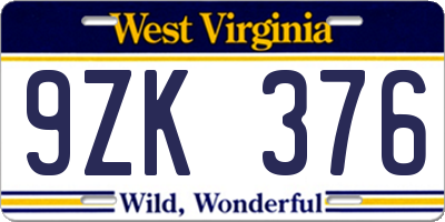 WV license plate 9ZK376