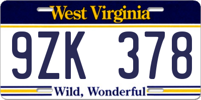 WV license plate 9ZK378