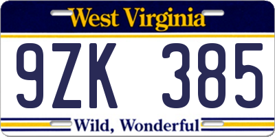 WV license plate 9ZK385