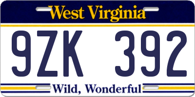 WV license plate 9ZK392