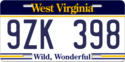 WV license plate 9ZK398