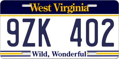 WV license plate 9ZK402