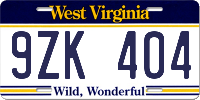 WV license plate 9ZK404