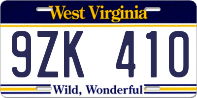 WV license plate 9ZK410