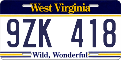 WV license plate 9ZK418