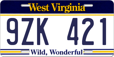 WV license plate 9ZK421