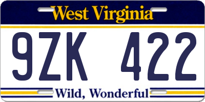 WV license plate 9ZK422