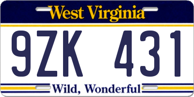 WV license plate 9ZK431