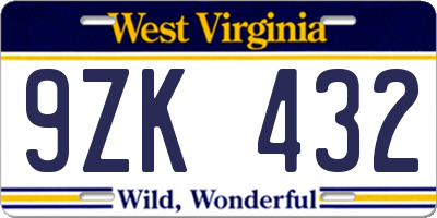 WV license plate 9ZK432