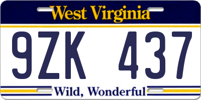WV license plate 9ZK437