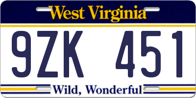 WV license plate 9ZK451