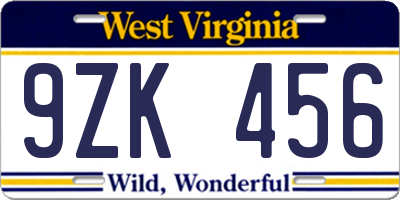 WV license plate 9ZK456