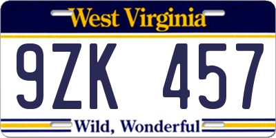 WV license plate 9ZK457