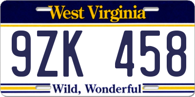 WV license plate 9ZK458