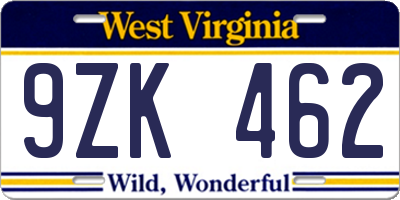WV license plate 9ZK462