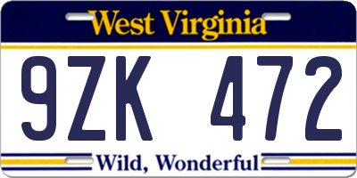WV license plate 9ZK472