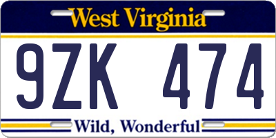WV license plate 9ZK474