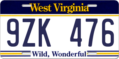 WV license plate 9ZK476