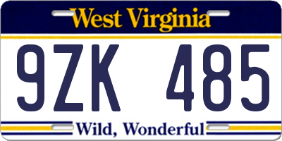WV license plate 9ZK485