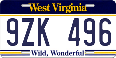 WV license plate 9ZK496
