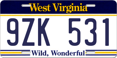 WV license plate 9ZK531