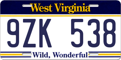 WV license plate 9ZK538