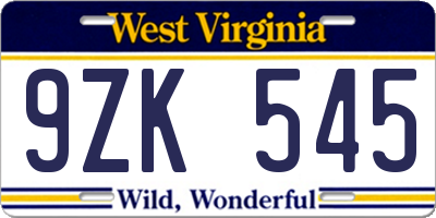 WV license plate 9ZK545
