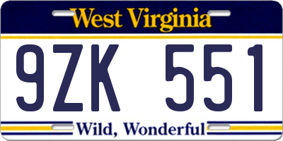 WV license plate 9ZK551