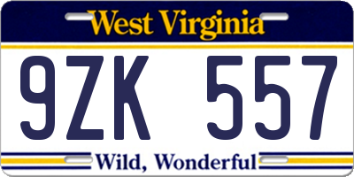 WV license plate 9ZK557