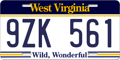 WV license plate 9ZK561