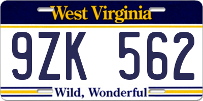 WV license plate 9ZK562