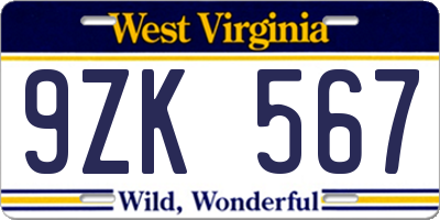 WV license plate 9ZK567