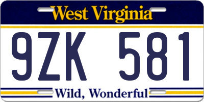 WV license plate 9ZK581