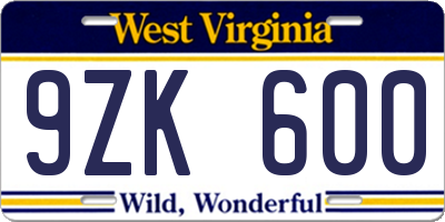 WV license plate 9ZK600