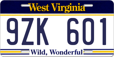 WV license plate 9ZK601