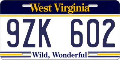 WV license plate 9ZK602
