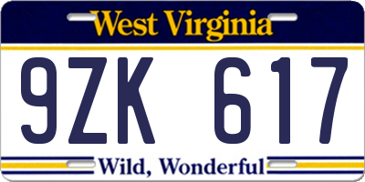 WV license plate 9ZK617