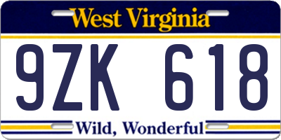 WV license plate 9ZK618