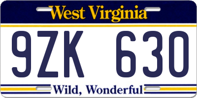 WV license plate 9ZK630