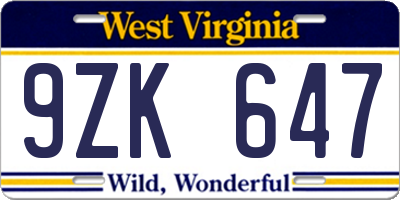 WV license plate 9ZK647