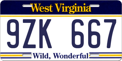 WV license plate 9ZK667