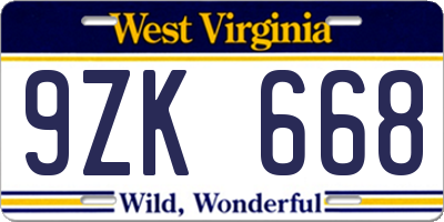 WV license plate 9ZK668