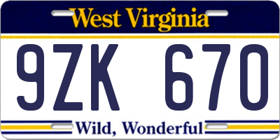 WV license plate 9ZK670