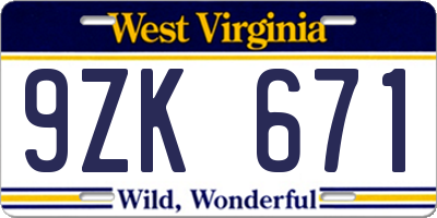 WV license plate 9ZK671